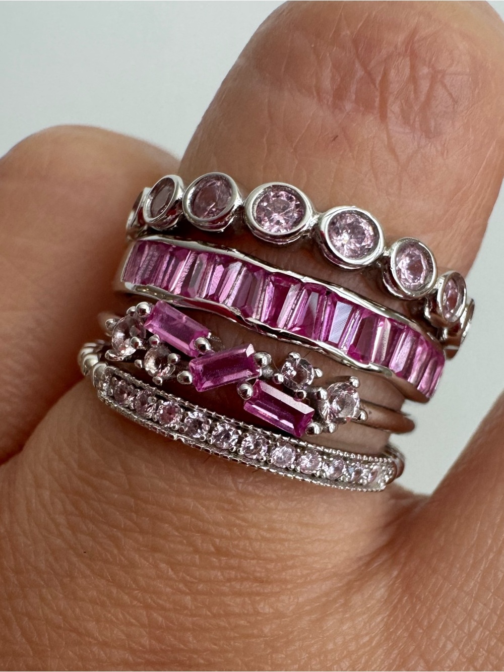 Set of 4 Like-New 925 Sterling Silver Rhodium Plated + Pink CZ 5A Quality Sz 6
